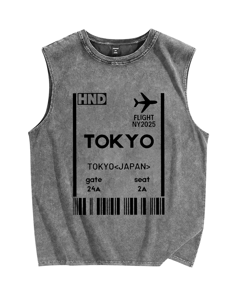 Tokyo Boarding Card Vintage Distressed Washed Tank Top