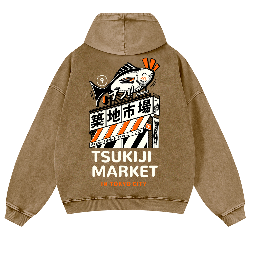 Tsukiji Fish Market Vintage Washed Cotton Back Art Hoodie