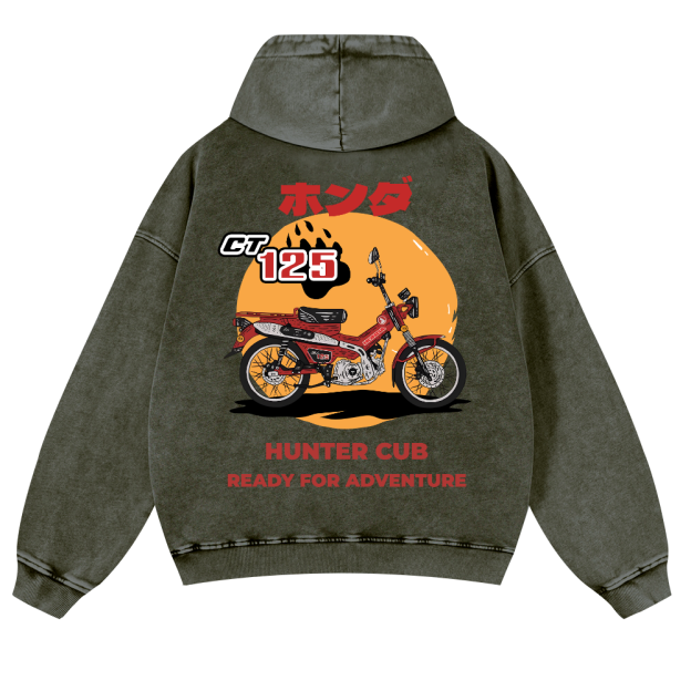 Hunter Cub Motorcycle Bike Vintage Washed Cotton Back Art Hoodie