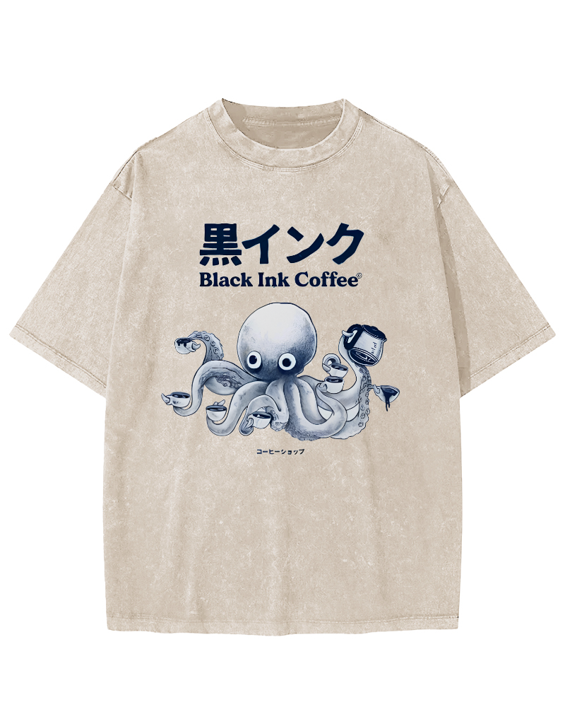 Black Ink Coffee Octopus Japan Vintage Washed T-shirt