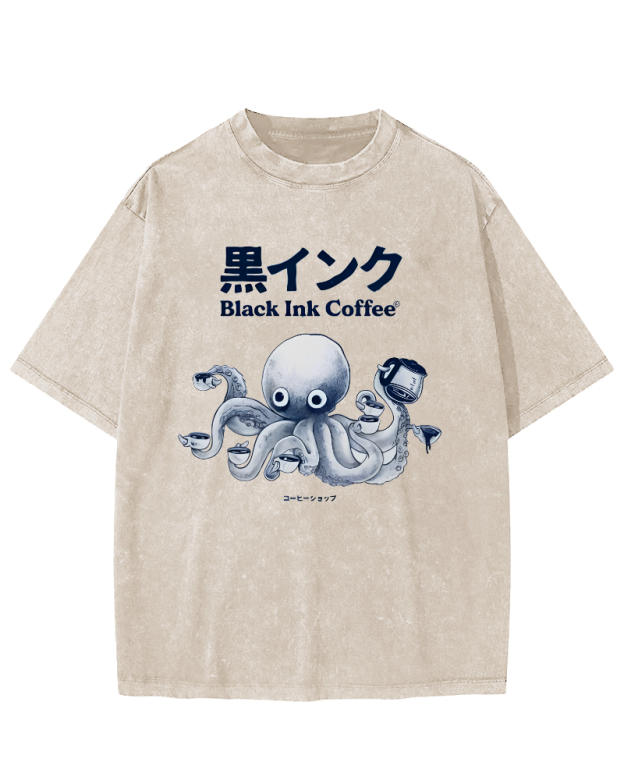 Black Ink Coffee Octopus Japan Vintage Washed T-shirt