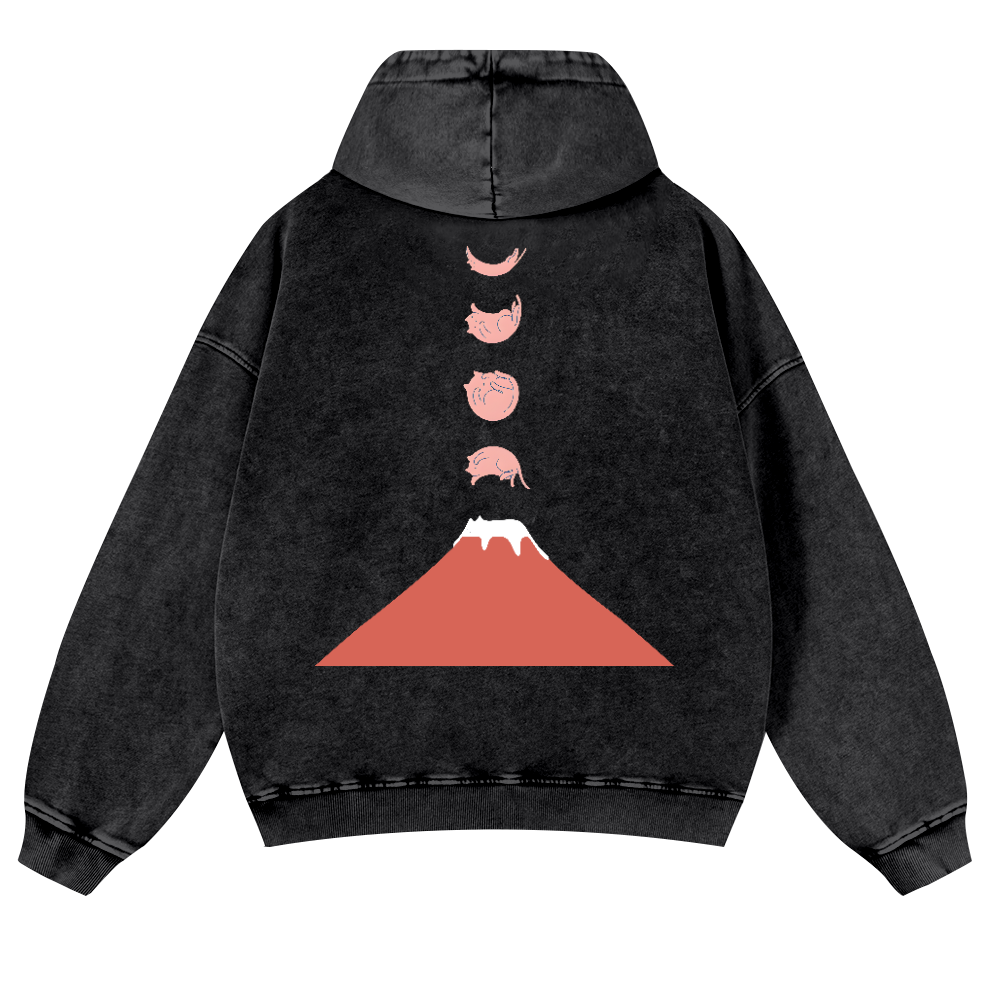 Mount Fuji Cat Moon Vintage Washed Cotton Back Art Hoodie