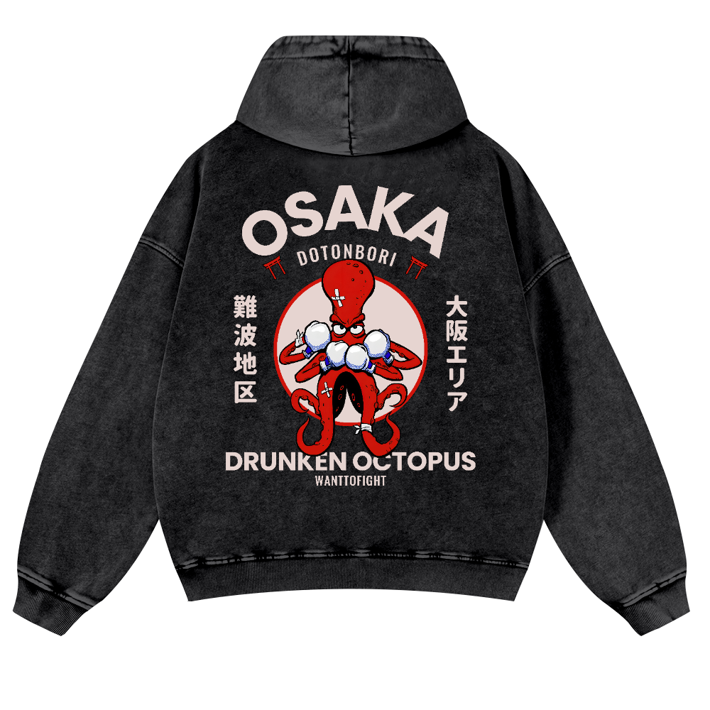 Osaka Drunken Octopus Vintage Washed Cotton Back Art Hoodie