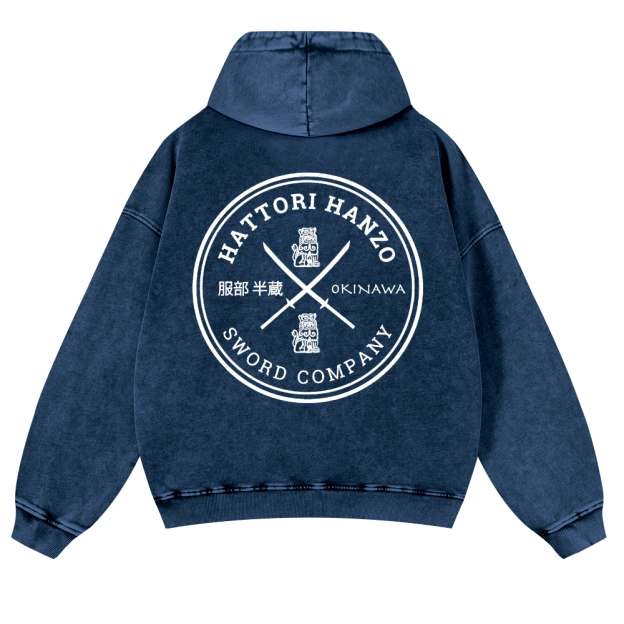 Hattori Hanzo Komainu Okinawa Sword Company Vintage Washed Cotton Back Art Hoodie
