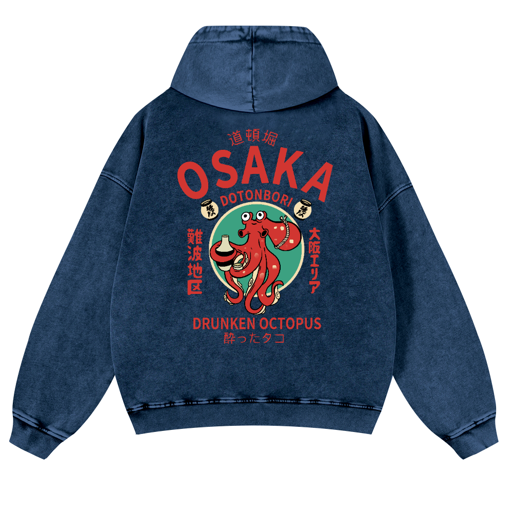 Osaka Dotonbori Drunken Octopus Vintage Washed Cotton Back Art Hoodie