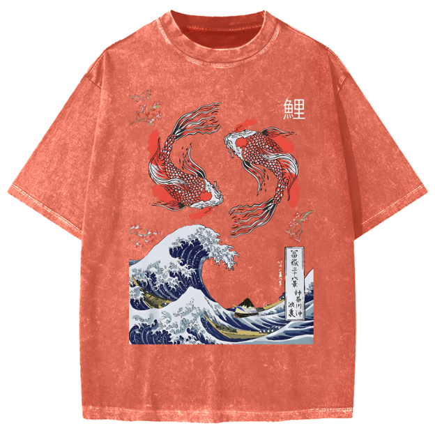 Yin Yang The Great Wave Off Koi Fish Japanese Art Vintage Washed T-shirt