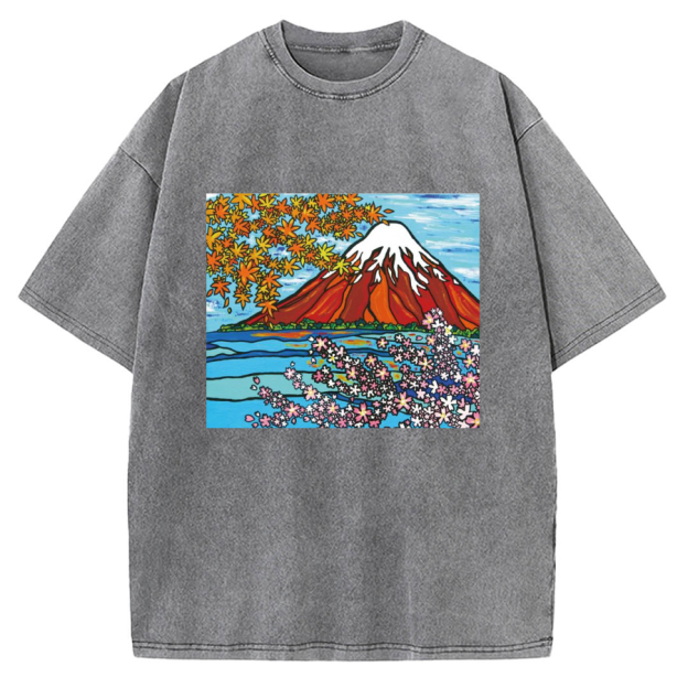Mt Fuji Janapese Style Painting Vintage Washed T-shirt