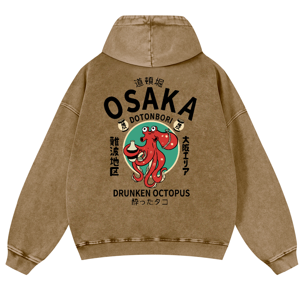Osaka Dotonbori Drunken Octopus Vintage Washed Cotton Back Art Hoodie