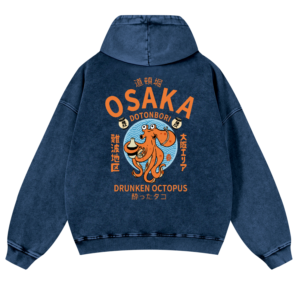 Osaka Drunken Octopus Vintage Washed Cotton Back Art Hoodie