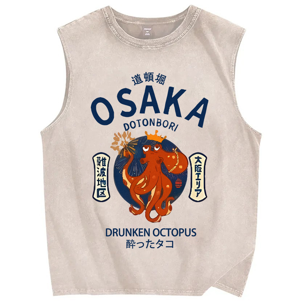 Unisex Osaka Drunken Octopus Japanese Style Printed Washed Tank Top