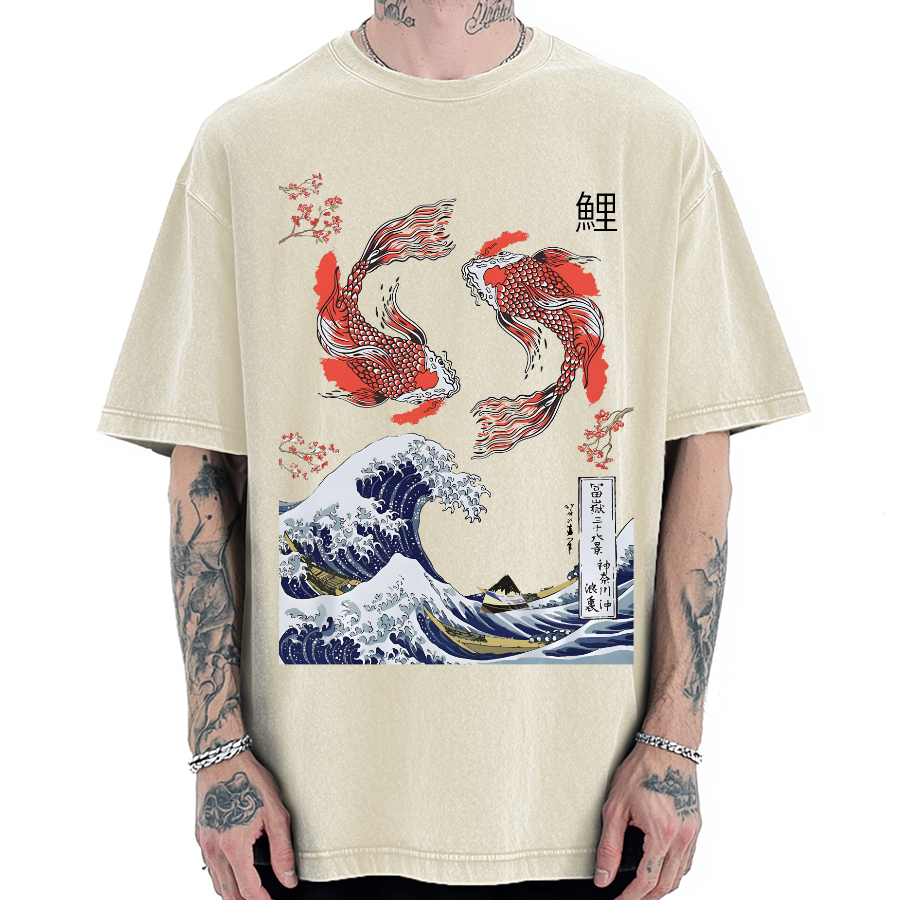 Yin Yang The Great Wave Off Koi Fish Japanese Art Vintage Washed T-shirt