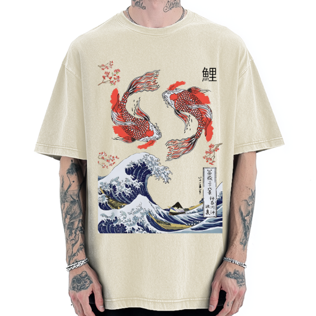 Yin Yang The Great Wave Off Koi Fish Japanese Art Vintage Washed T-shirt