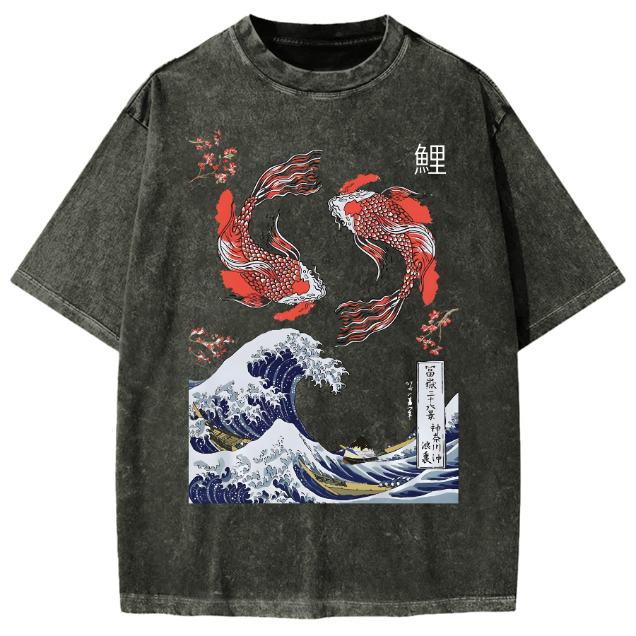 Yin Yang The Great Wave Off Koi Fish Japanese Art Vintage Washed T-shirt