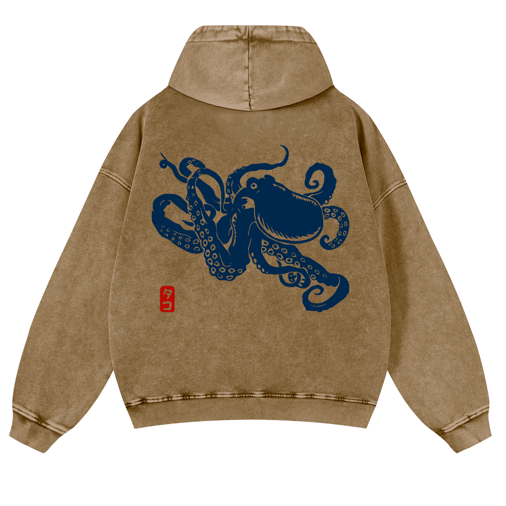 Octopus Vintage Washed Cotton Back Art Hoodie