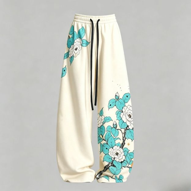 Oriental Camellia Bird Top & Elasticated Trousers Two-Piece Set