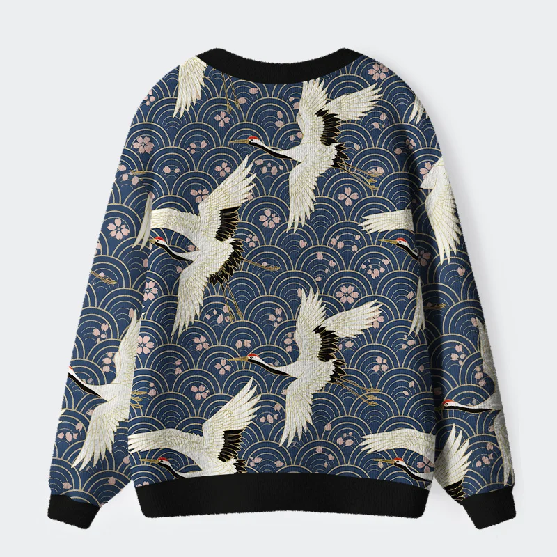 Unisex White Crane Japan Ugly Cardigan Sweater