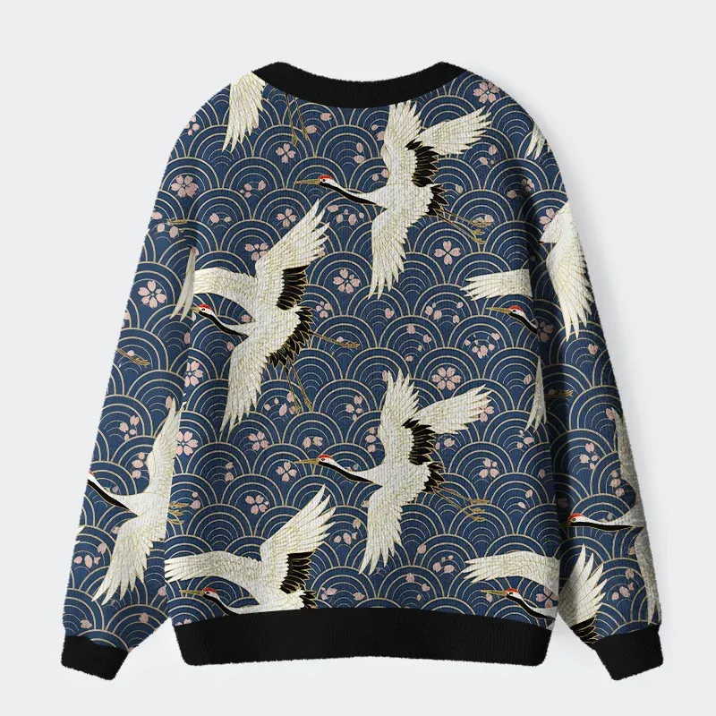 Unisex White Crane Japan Ugly Cardigan Sweater