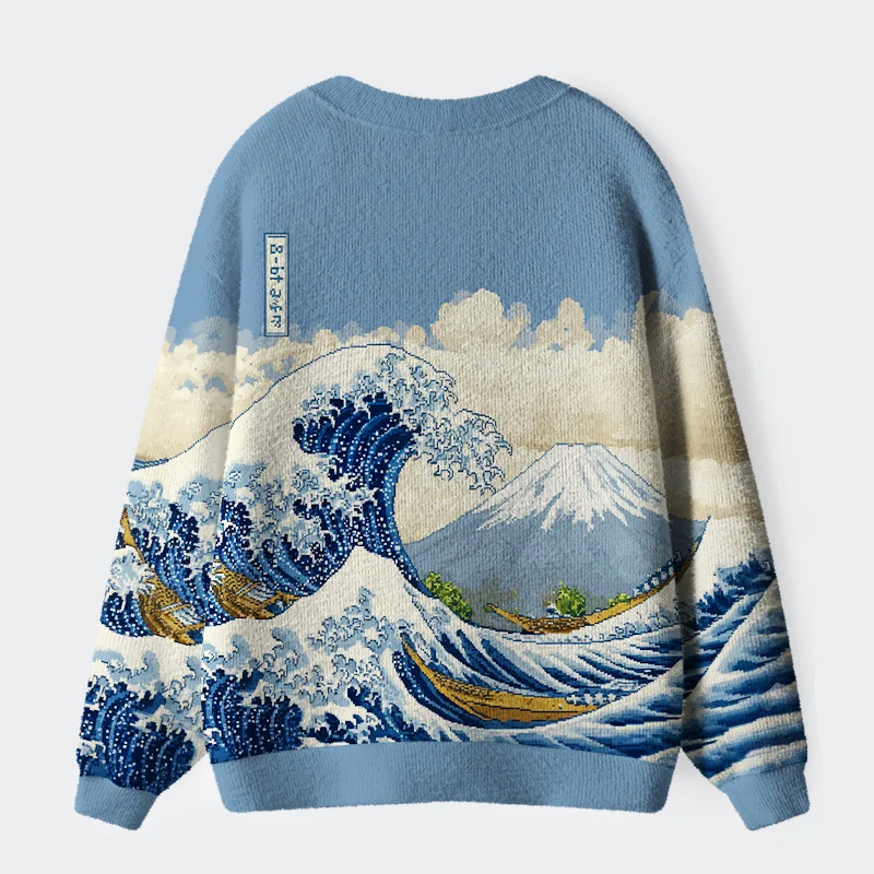 Unisex Cartoon Ukiyo-e Waves Ugly Cardigan Sweater