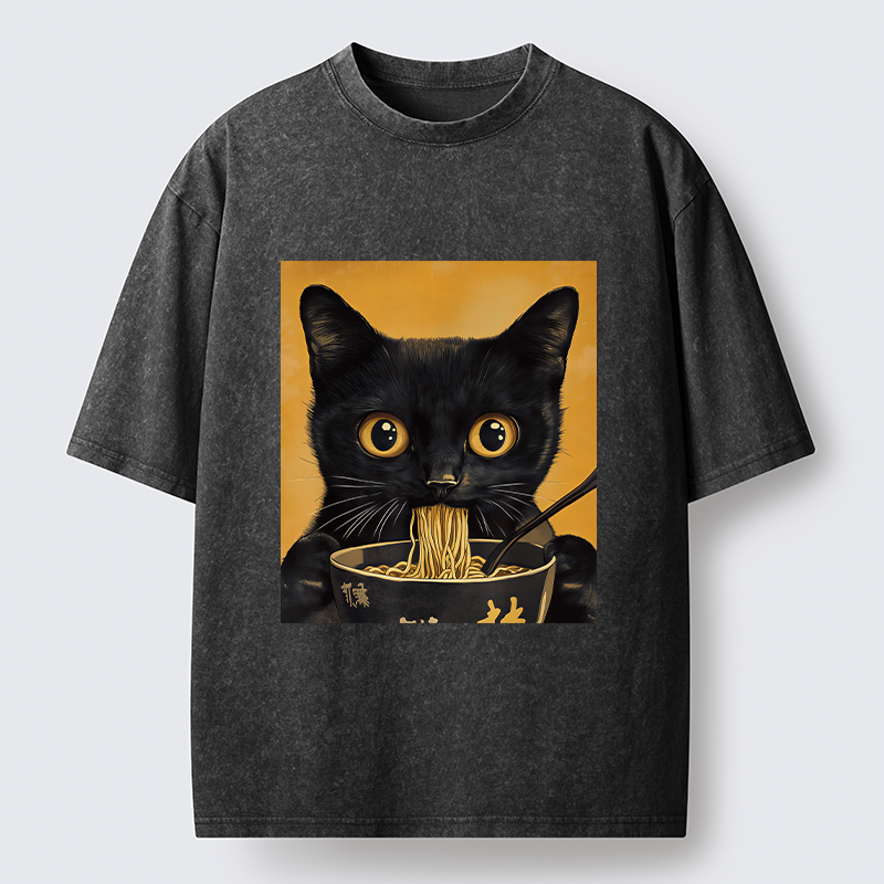 Unisex Cute Black Cat Eating A Big Bowl Of Ramen Washed T-Shirt
