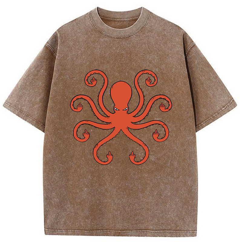 Octopus Give The Middle Finger Washed T-Shirt