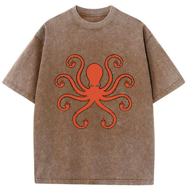 Octopus Give The Middle Finger Washed T-Shirt