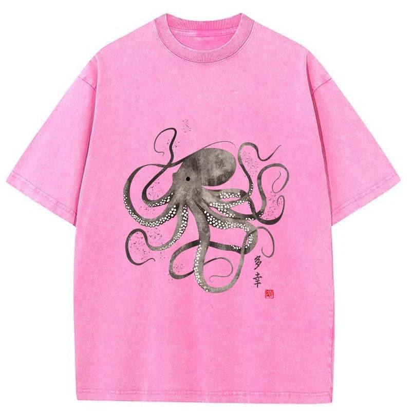 Octopus Japanese Calligraphy Washed T-Shirt