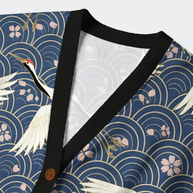 Unisex White Crane Japan Ugly Cardigan Sweater