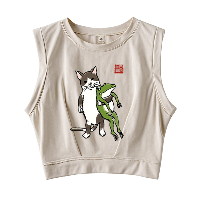 Cat Holding A Frog Sleeveless Crop Top