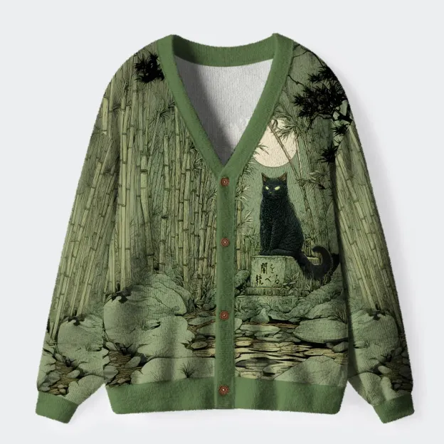 Unisex Cat Under The Moon Ugly Cardigan Sweater