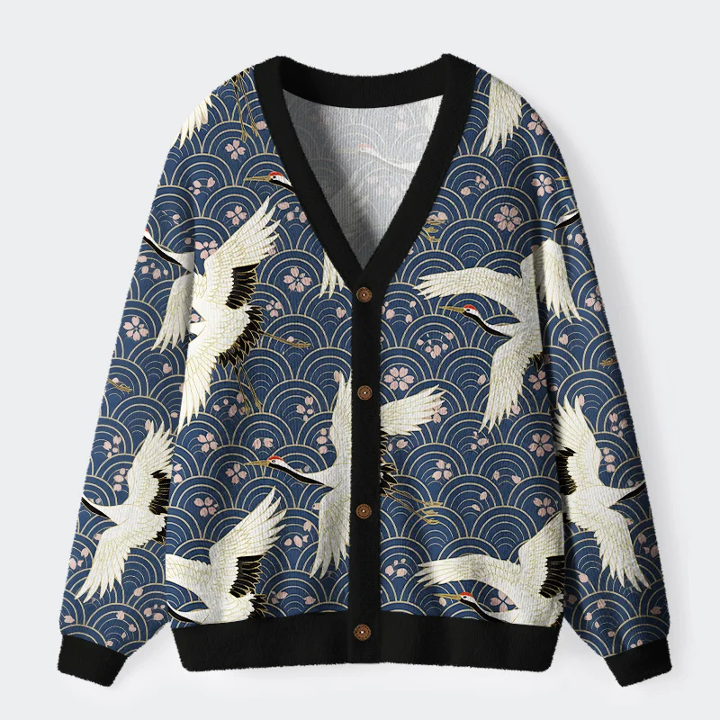 Unisex White Crane Japan Ugly Cardigan Sweater