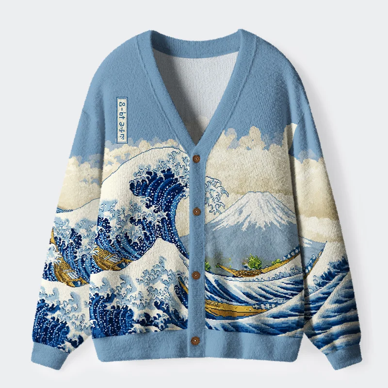 Unisex Cartoon Ukiyo-e Waves Ugly Cardigan Sweater