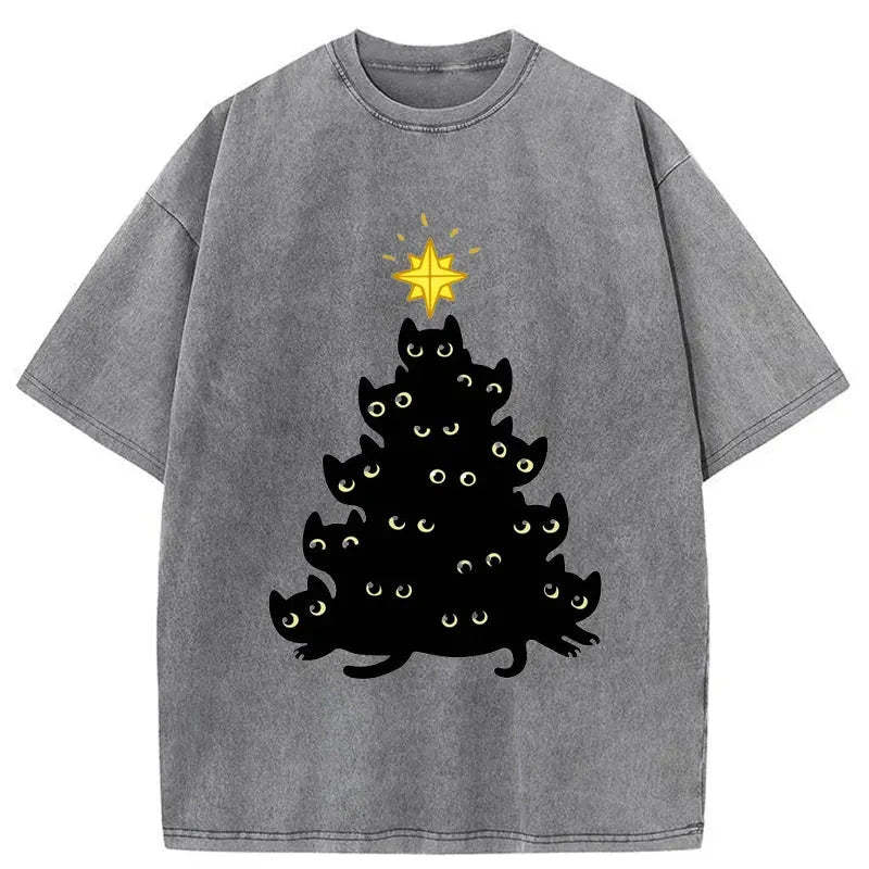 Black Cat Christmas Tree Washed T-Shirt
