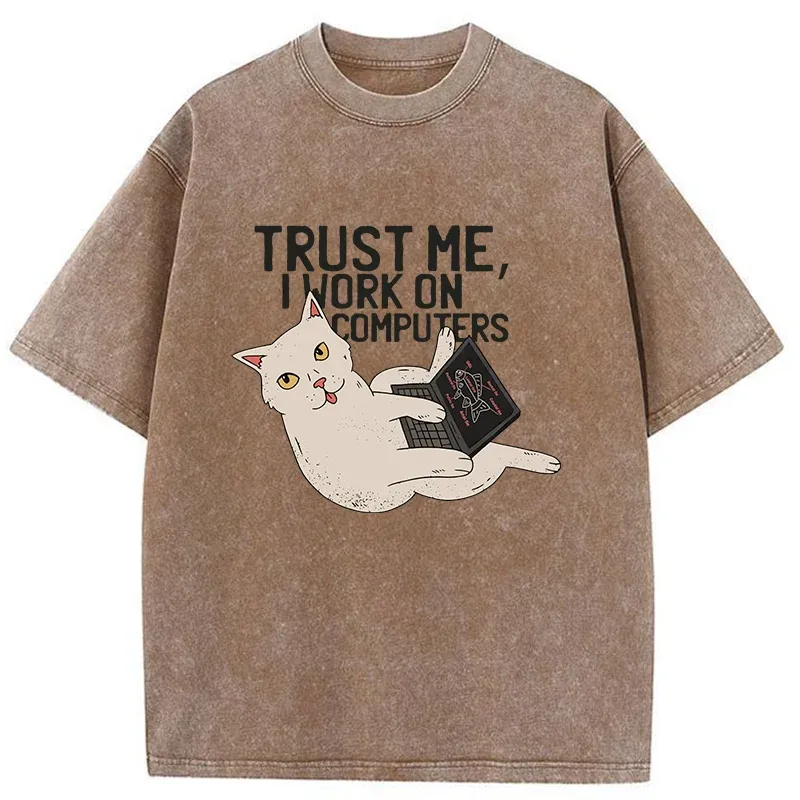 Cat At Work Washed T-Shirt