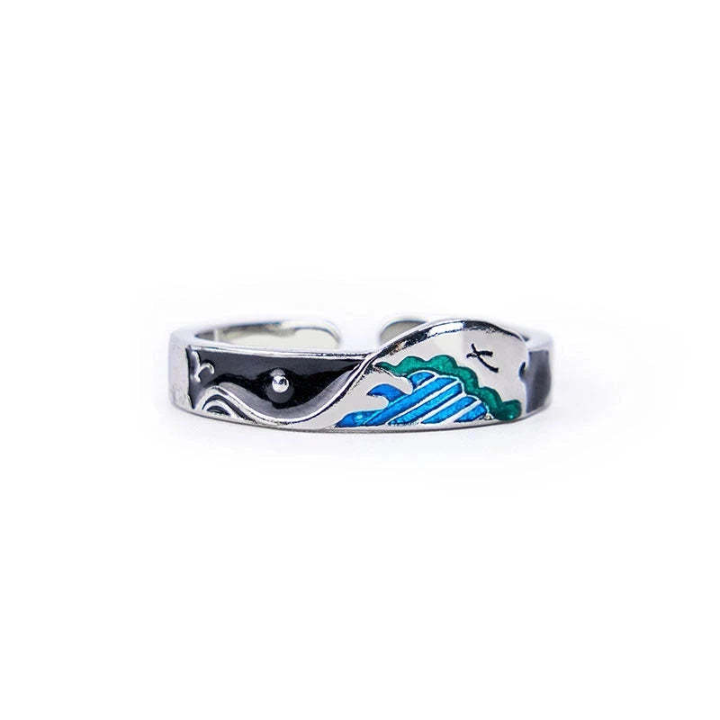 The Great Wave Off Birds Men Couple Ring