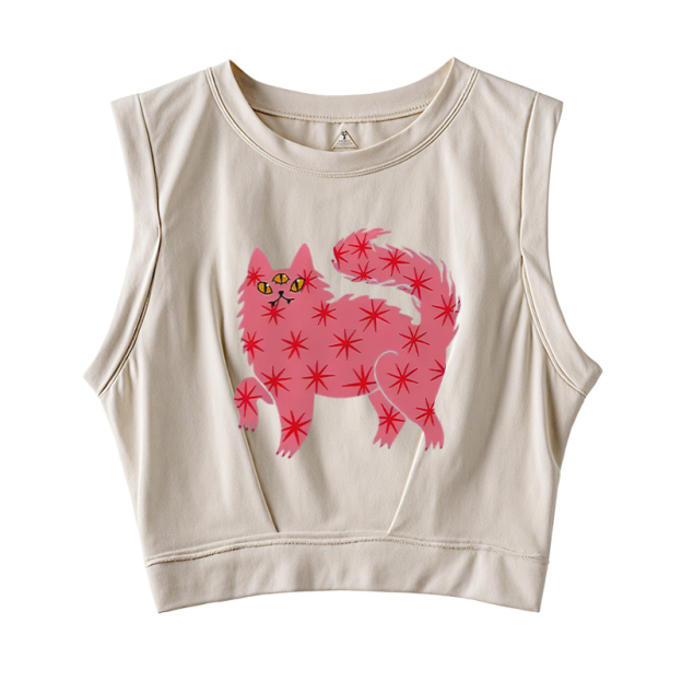  Three Eyes Pink Cat Sleeveless Crop Top