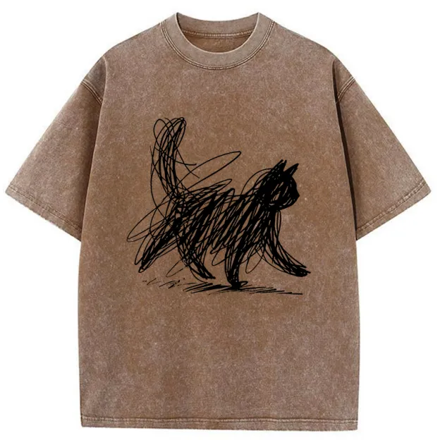 Unisex Minimalist Cat Art Washed T-Shirt