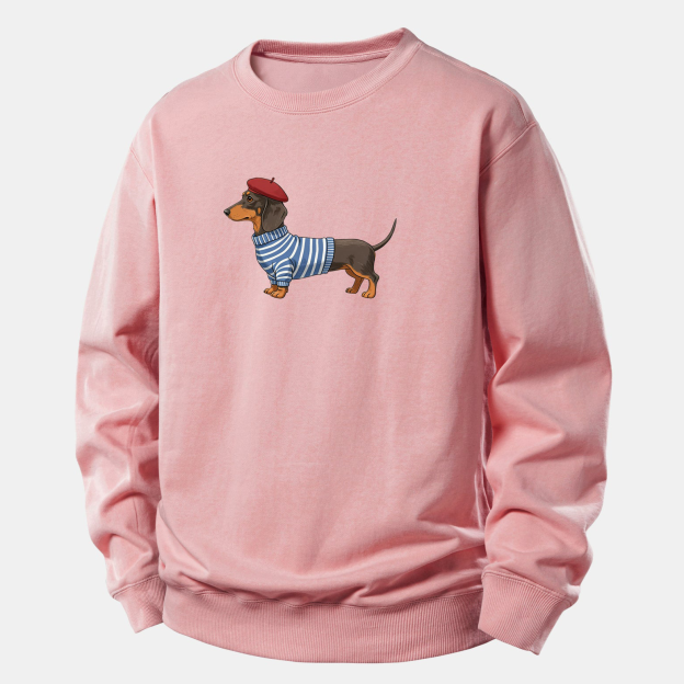 Dachshund Wearing Striped Sweater Print Relax Fit Sweatshirt