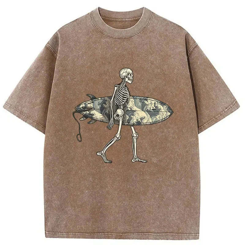 Skeleton Ready To Go Surfing Washed T-Shirt