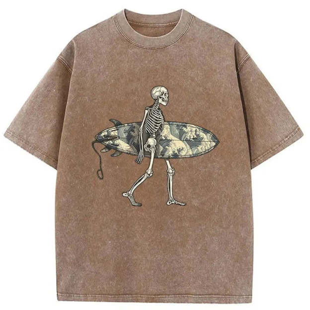 Skeleton Ready To Go Surfing Washed T-Shirt