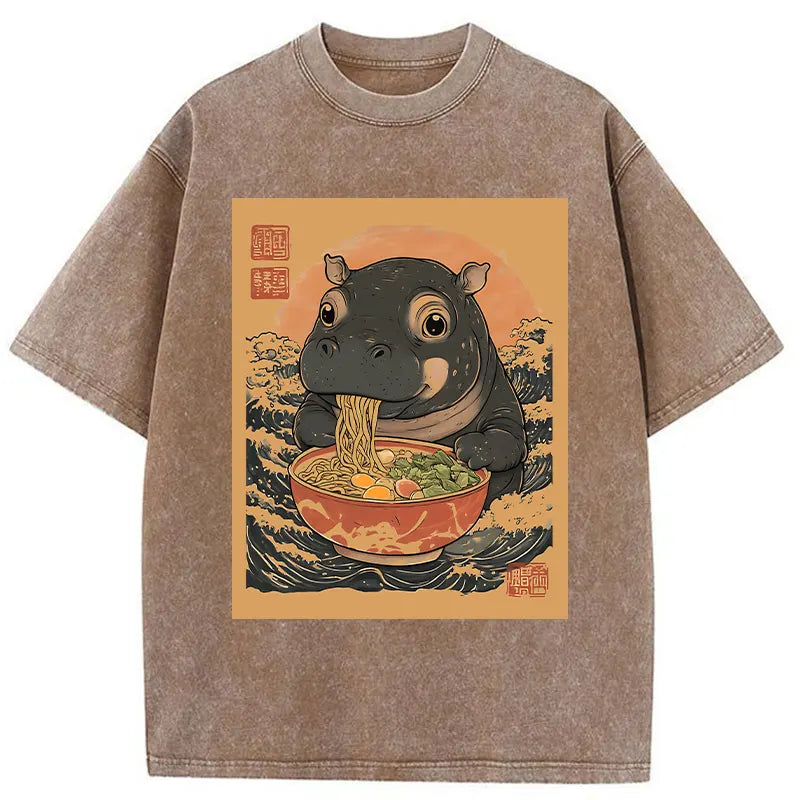 Moo Deng Eat Ramen Washed T-Shirt