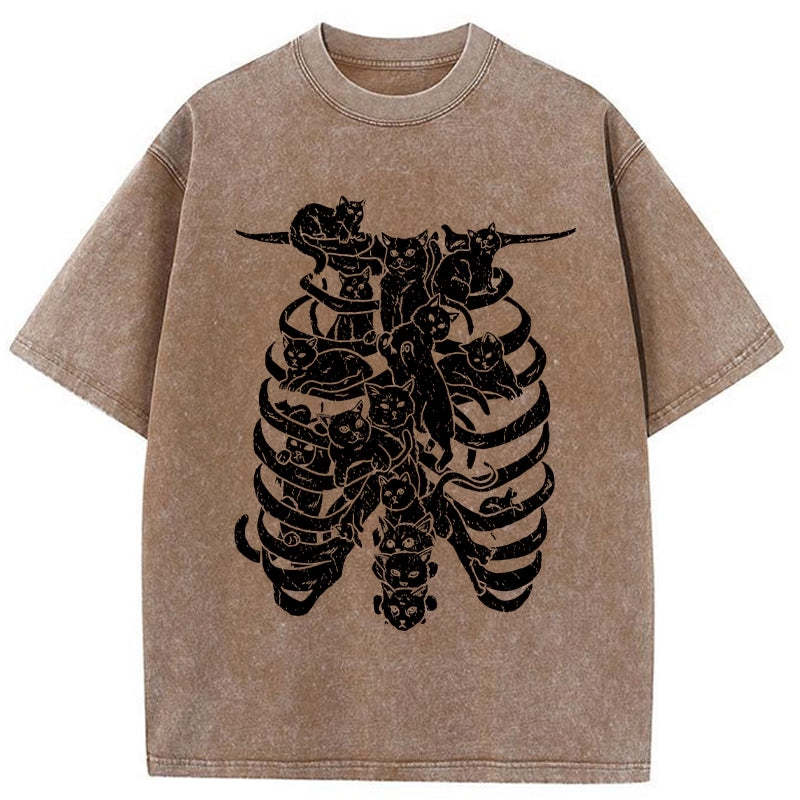 Cat Lying On The Skeleton Washed T-Shirt