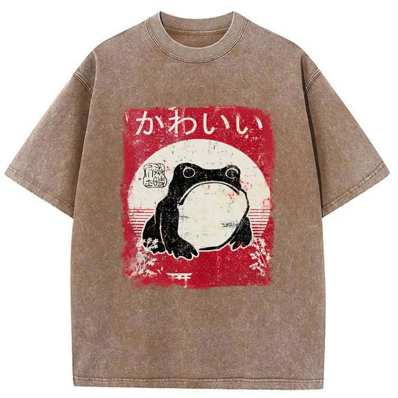 Woodblock Print Grumpy Frog Washed T-Shirt