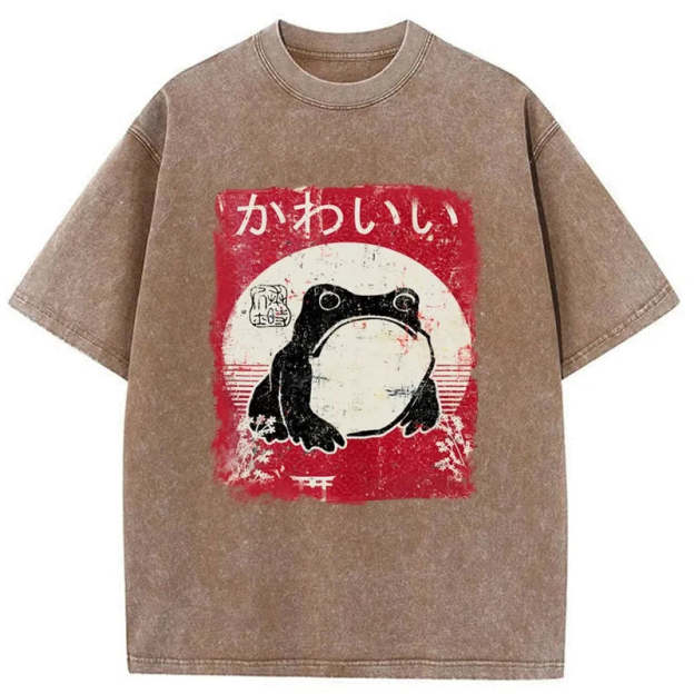 Woodblock Print Grumpy Frog Washed T-Shirt