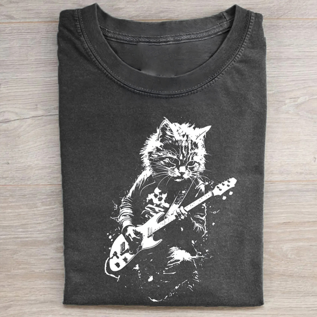 Unisex Funny Cat Playing Guitar Printed Washed Tee