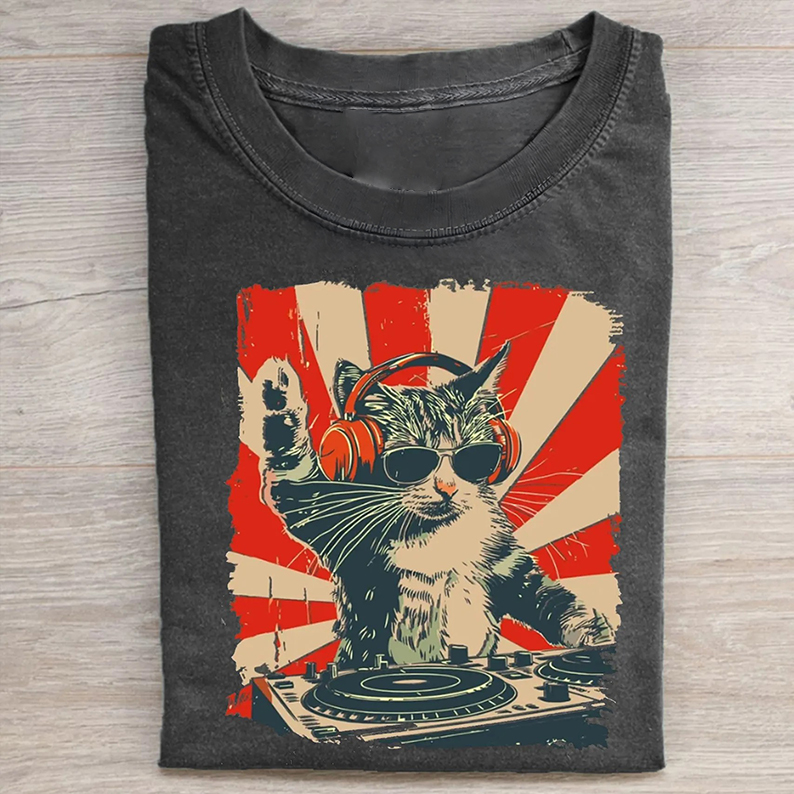 Unisex Cool DJ Cat Printed Washed T-shirt