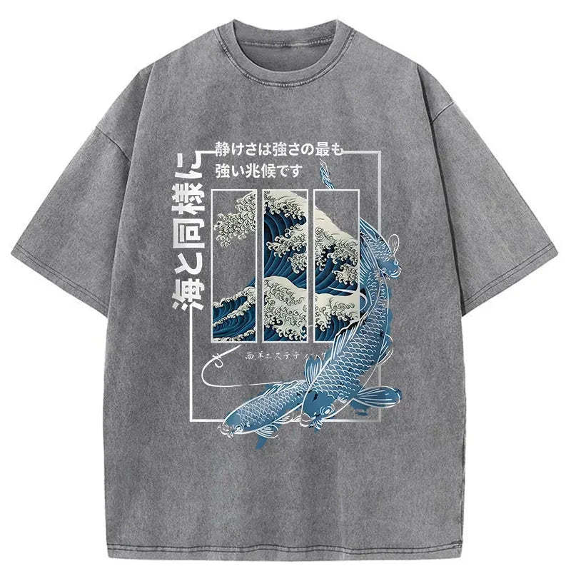 Ukiyoe Waves And Fish Washed T-Shirt