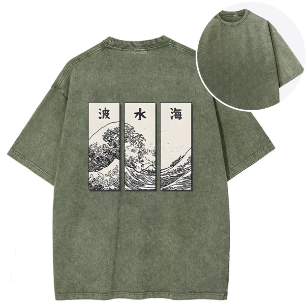 Japanese Art Wave Back Washed T-Shirt