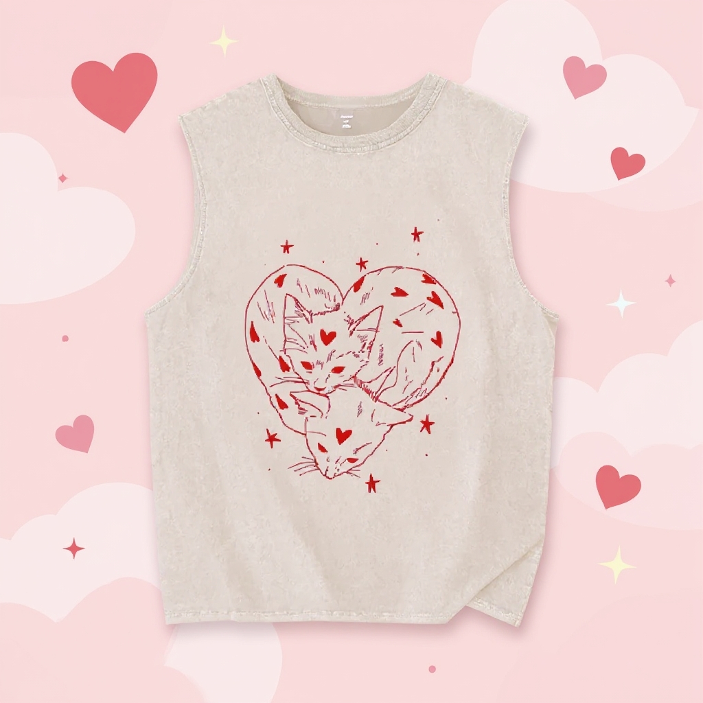 Unisex Heart Cat Printed Washed Tank Top