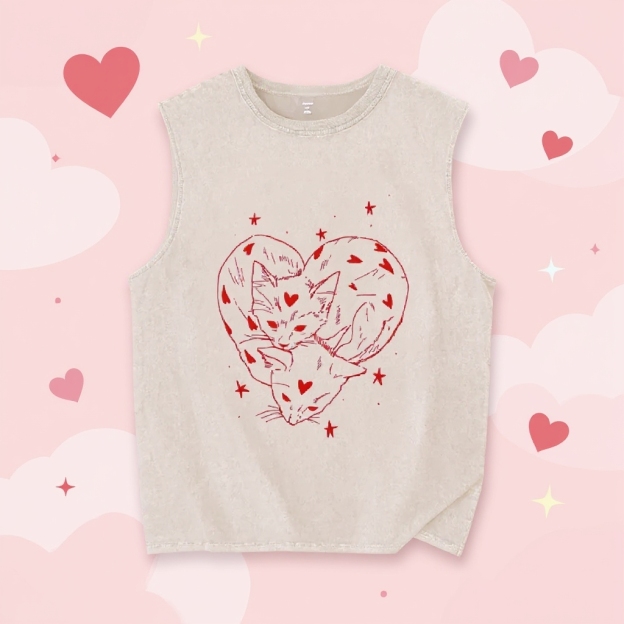 Unisex Heart Cat Printed Washed Tank Top