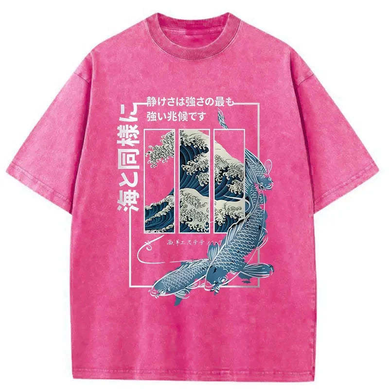 Ukiyoe Waves And Fish Washed T-Shirt
